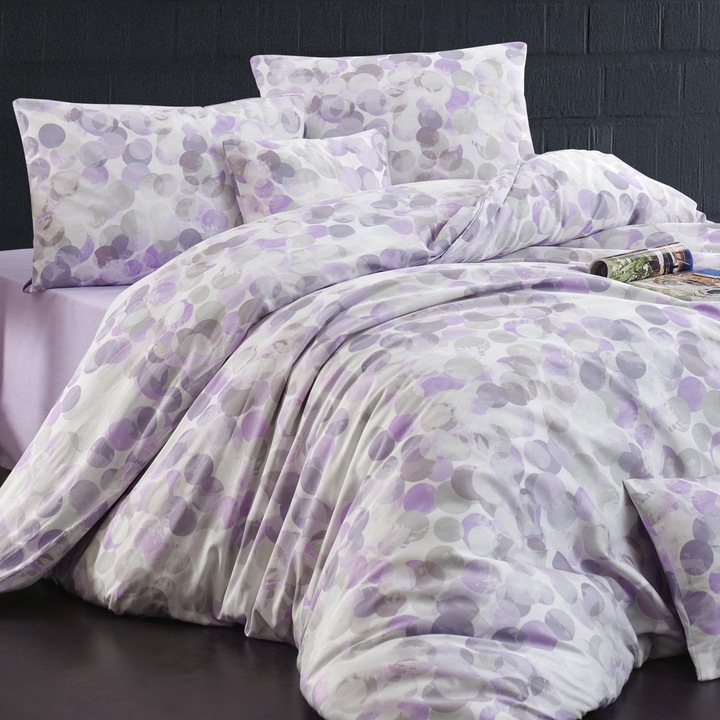 Pamut szatén ágynemű Marisa 160x200 Exclusive fehér lila és szürke körökkel