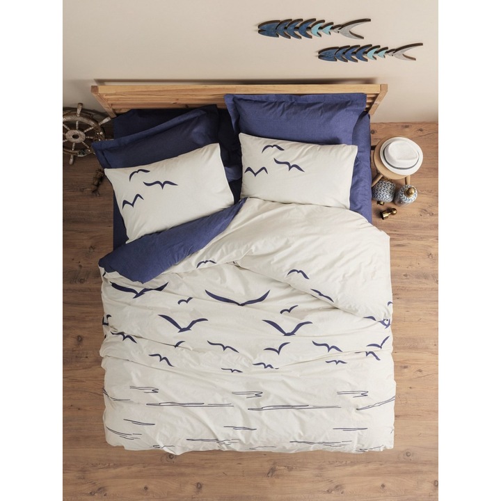 Lenjerie pat dublu, bumbac 100% ranforce, 4 piese, 240x260 cm, Cotton Box, Larum - Dark Blue