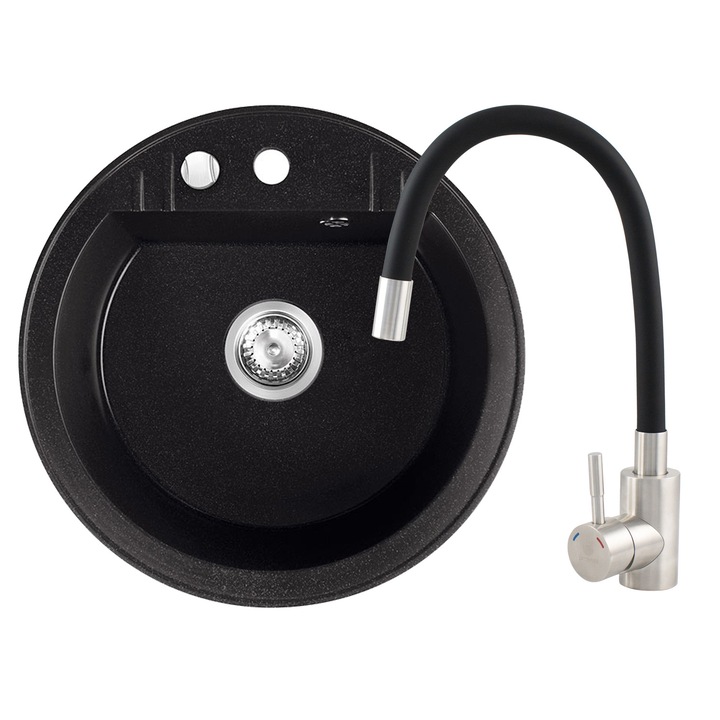 Set Chiuveta bucatarie Ferro Mezzo II 1 Cuva Rotunda 51 cm GRAFIT si Baterie cu Pipa Flexibila neagra ER-YX208N