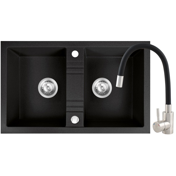 Set chiuveta Ferro granit 78x48 grafite 2 cuve, cu baterie flexibila neagra ER-YX208N