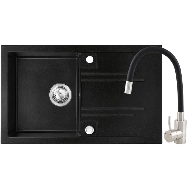 Set chiuveta Ferro granit 78x48 grafite cu baterie flexibila neagra ER-YX208N