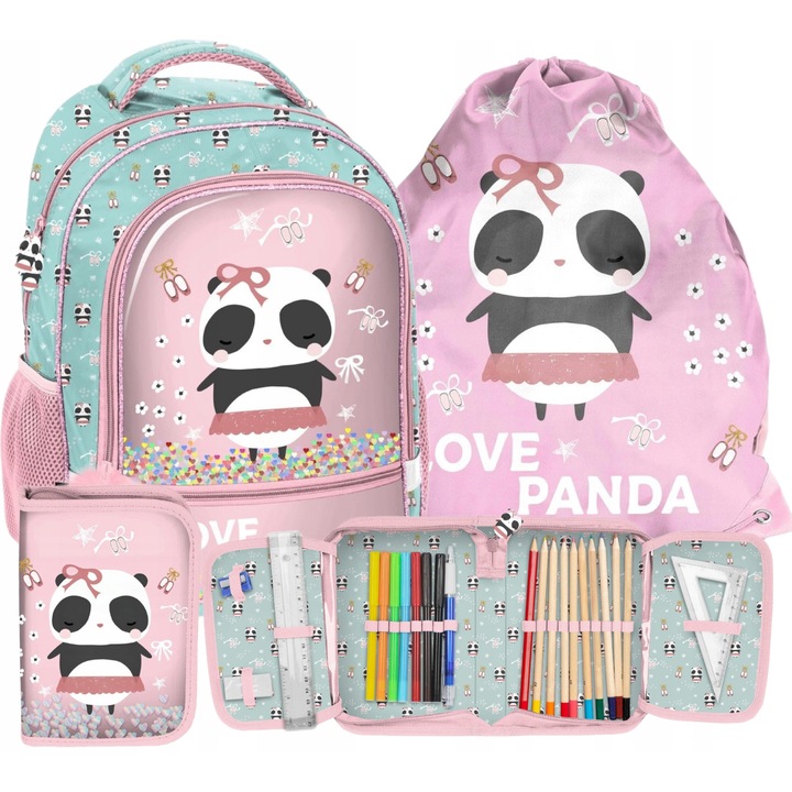 Rucsac multicolor ergonomic pentru scoala, penar, sac pentru pantofi, Panda
