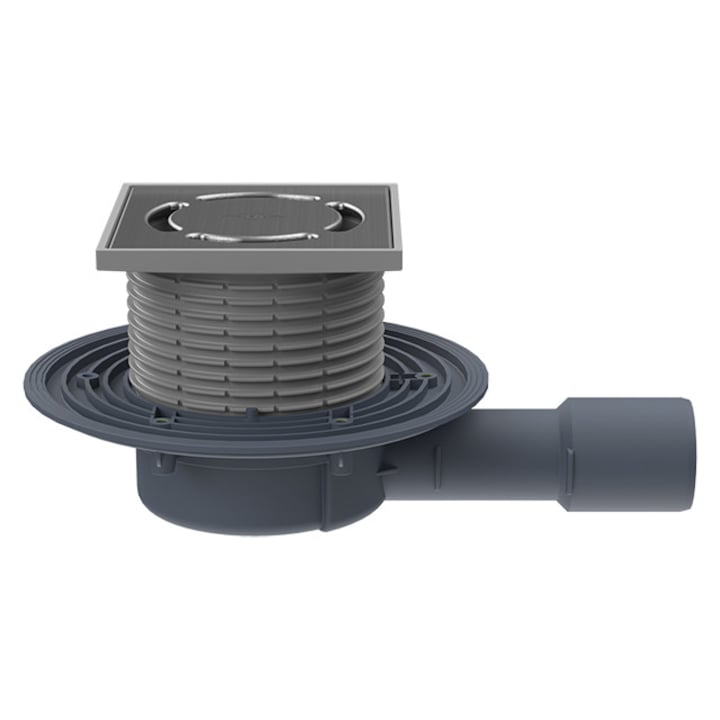 Sifon de pardoseala pentru balcon si terasa DN40/50 orizontala cu etansare cu clapeta rezistenta la inghet, 123x123mm/115x115mm