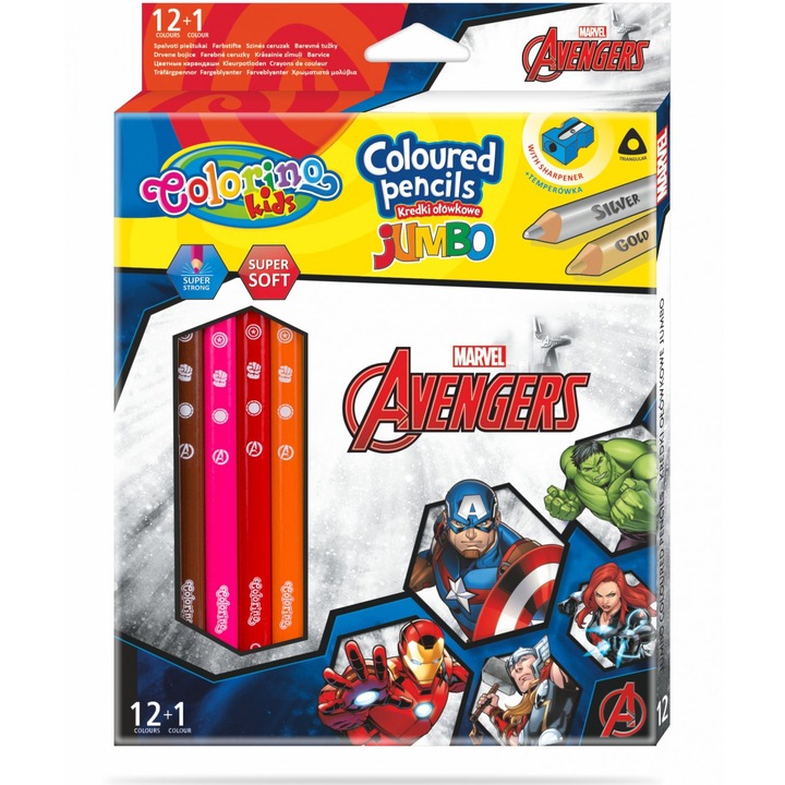 Creioane colorate, Colorino Kids, Avengers, Triunghiulare, Jumbo, 12 + 1 Culori
