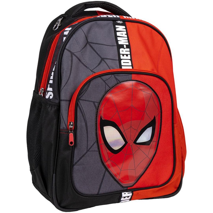 Ghiozdan copii Spider-Man, 2 fermoare, 42 x 32 x 15 cm, Rosu - Negru