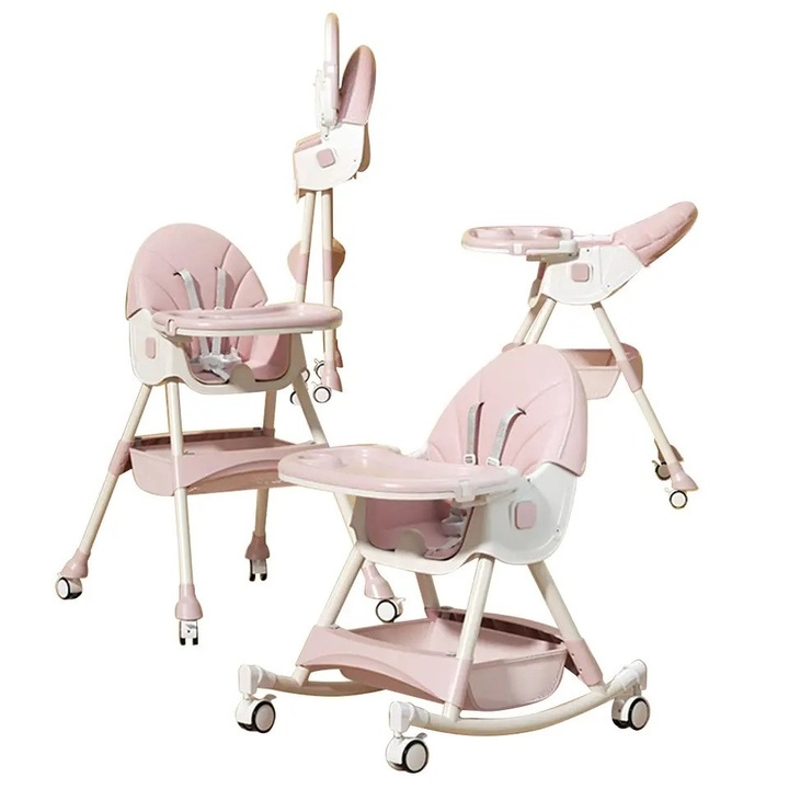 Scaun de masa pliabil pentru bebelusi Little Mom 3 in 1 Funny Pink cu roti si functie de balansoar, multifunctional, centura de siguranta 5 Puncte, ajustabil pe inaltime, cos de depozitare, husa detasabila