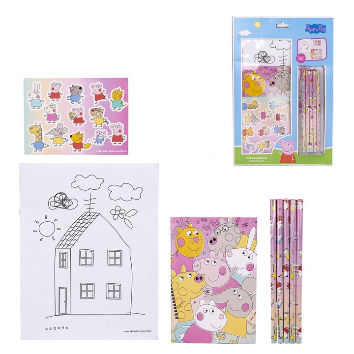 Set de colorat, Peppa Pig, 9 file de colorat, creioane colorate incluse