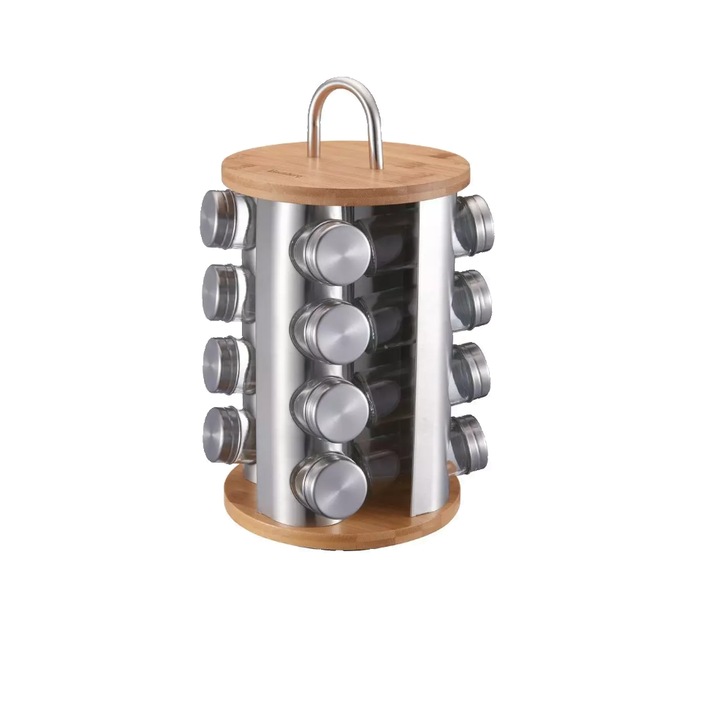 Set de 16 recipiente, otel inoxidabil si sticla cu suport, pentru contimente, 17 x 24 cm, Klausberg