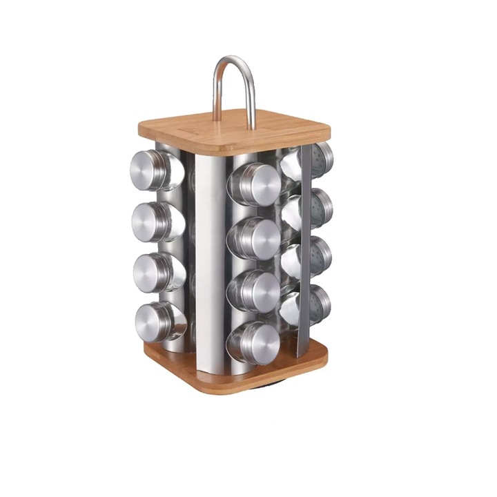 Set de 16 recipiente din otel inoxidabil si sticla, cu suport, pentru contimente, 17 x 20 cm, Klausberg