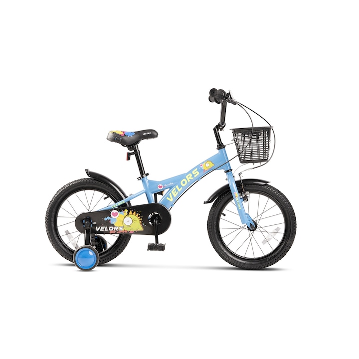 Детско колело Kids BMX Rider JSX1601, Предни спирачки V-Brake, Заден барабан, Широки MTB гуми, Спомагателни колела, 4-6 години, 16" колела, Синьо/Черно