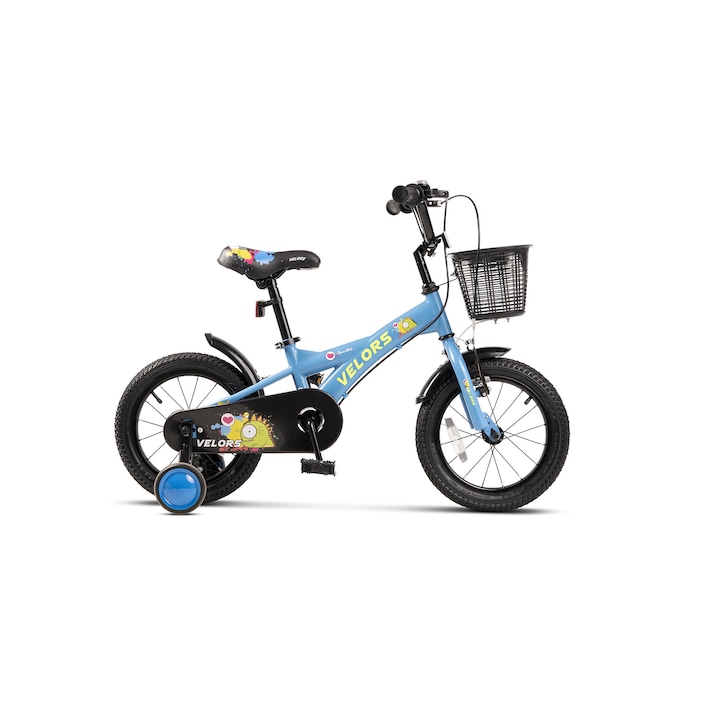 Bicicleta MTB pentru copii cu roti de 14", frane Fata-V-brake/spate-tambur, Roti Ajutatoare, albastru/verde, Velors Baby Kids Sport Bike pentru varsta 3/5 ani