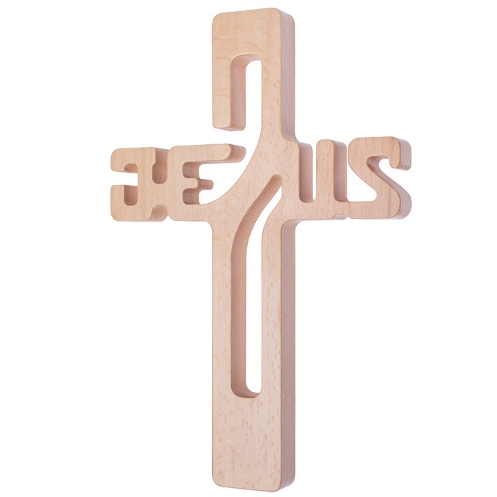 Cruce din lemn natural cu inscriptia Jesus, 22 x 14 x 1.6 cm