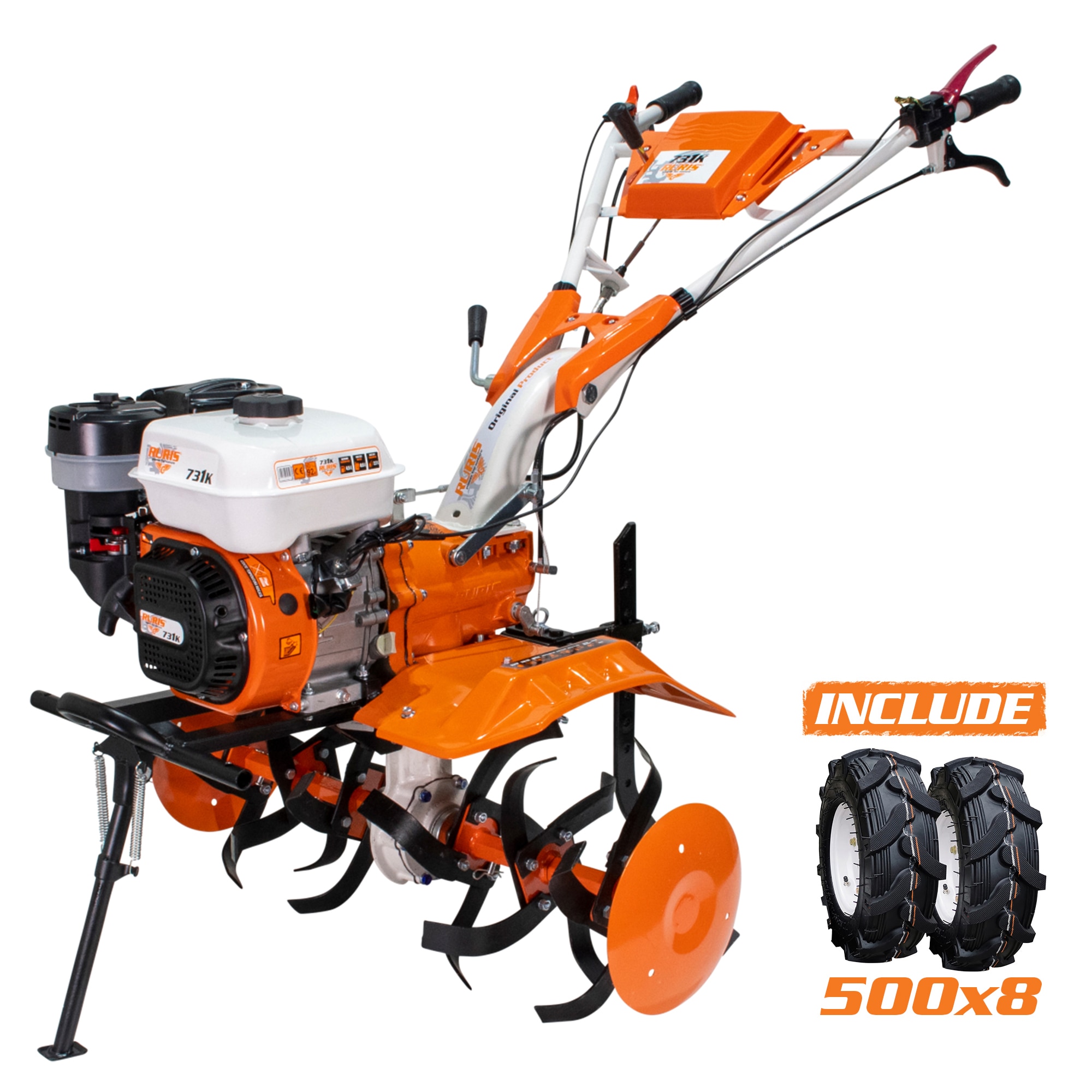 Motocultor pe benzina Ruris 731K Start, putere maxim 8.5 CP, 208 CC, 4 timpi, 2 + 1 viteze, 830 mm latime lucru, 340 mm adancime lucru, 4.5 l capacitate rezervor, contine: roti cau