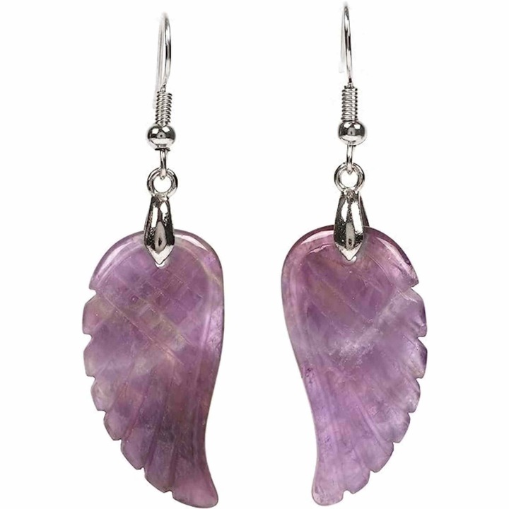 Обеци ангелско крило от полускъпоценен камък Аметист 3 см