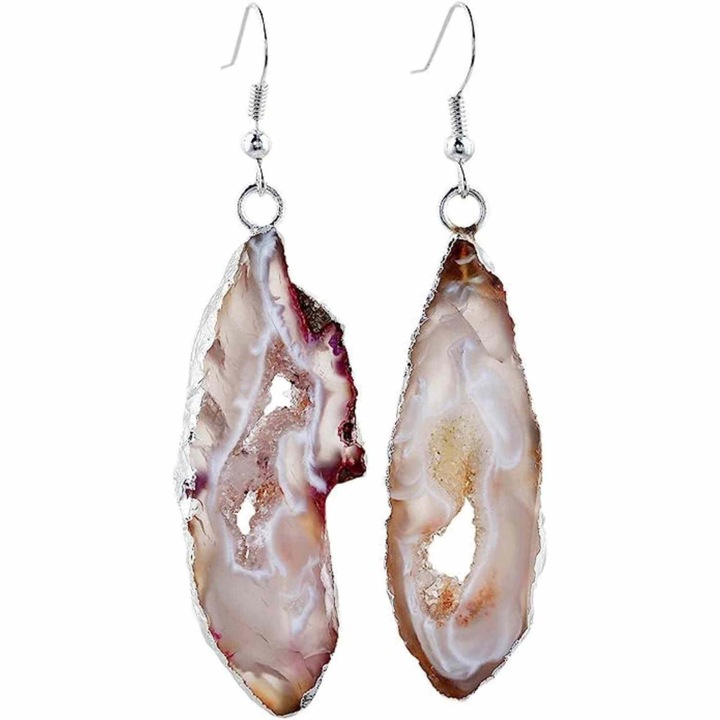 Fülbevaló természetes féldrágakőből, ónix geoda alakú, ezüstözött fémmel