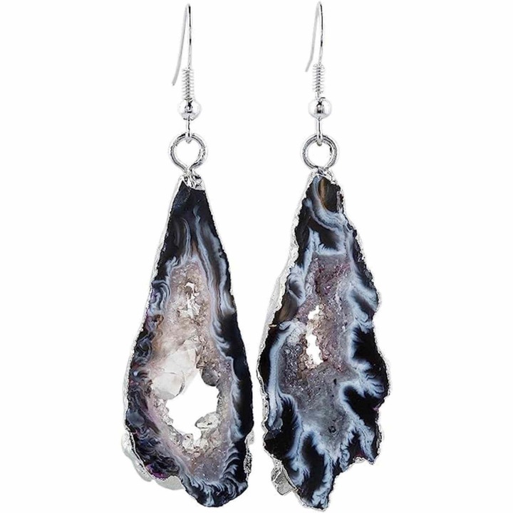 Fülbevaló természetes féldrágakővel, fekete ónix geoda forma, ezüstözött fémmel