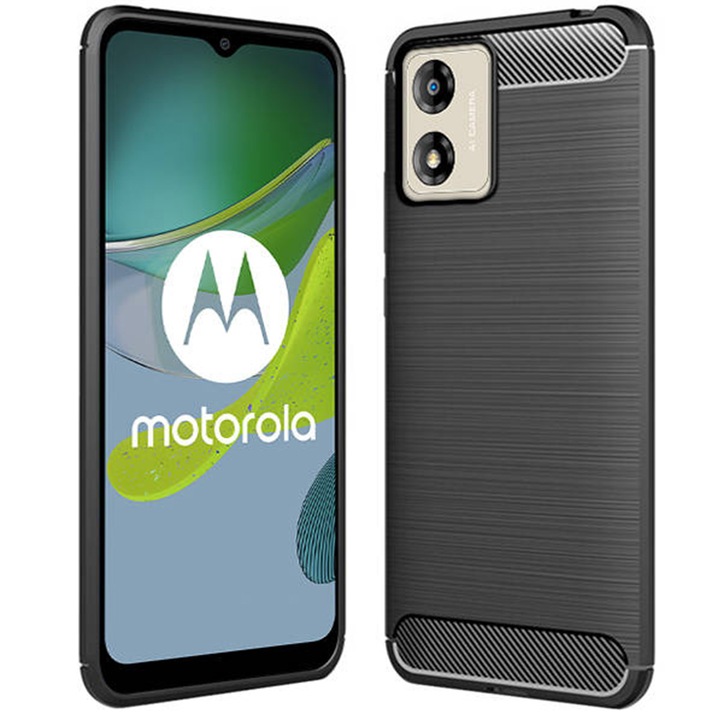 Калъф Supreme Carbon, съвместим с Motorola Moto E13, Прецизна защита, Набразден дизайн, Подсилени ръбове, Защита от пръстови отпечатъци, Черен