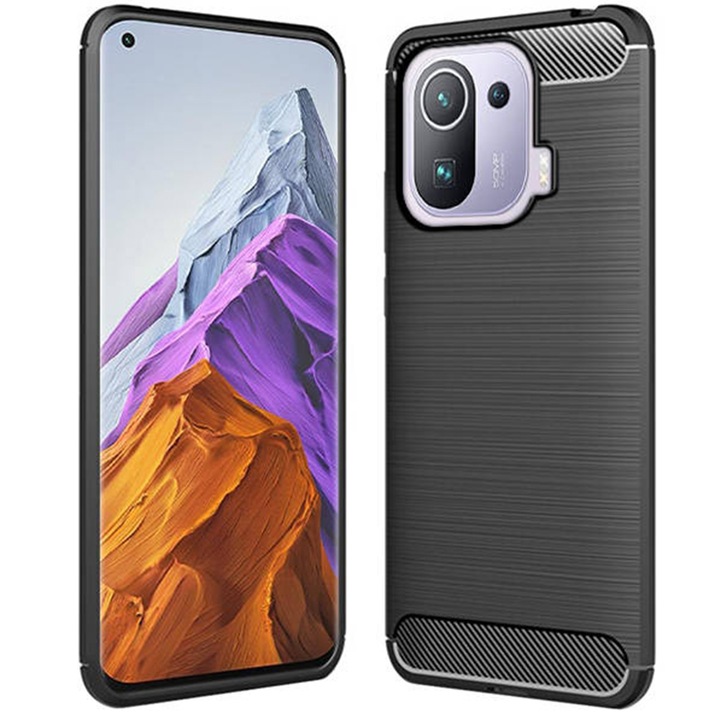 Калъф Supreme Carbon, съвместим с Xiaomi Mi 11 Pro, Прецизна защита, Набразден дизайн, Подсилени ръбове, Защита от пръстови отпечатъци, Черен