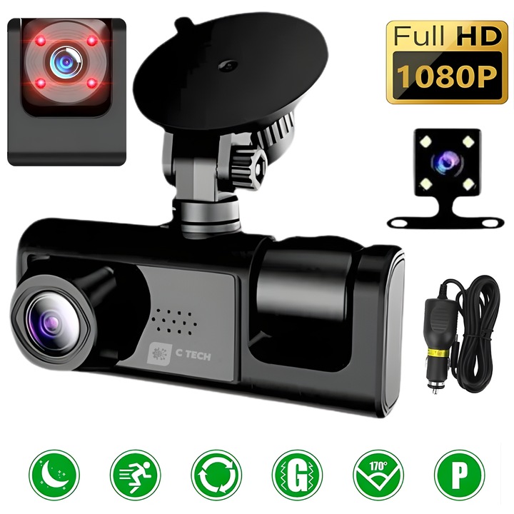 Camera Auto De Bord DVR C Tech® Dual Camera Full HD 1080P + camera marsarier Full HD, Camp Vizual Ultra-Larg De 170°, IPS Display 2", Night Vision, Inregistrare Dubla, Detectare Miscare, Loop Recording, Senzor de Gravitate la Impact Accident, G-sensor
