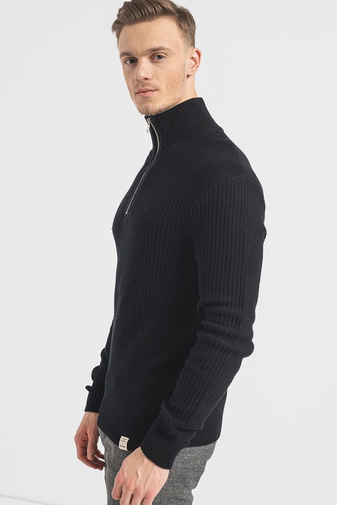 Mustang, Emil bordázott pulóver cipzáros hasítékkal, Fekete, L