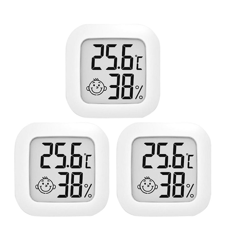 Set 3 termometre/higrometru, ABS, Afisaj digital, Alb