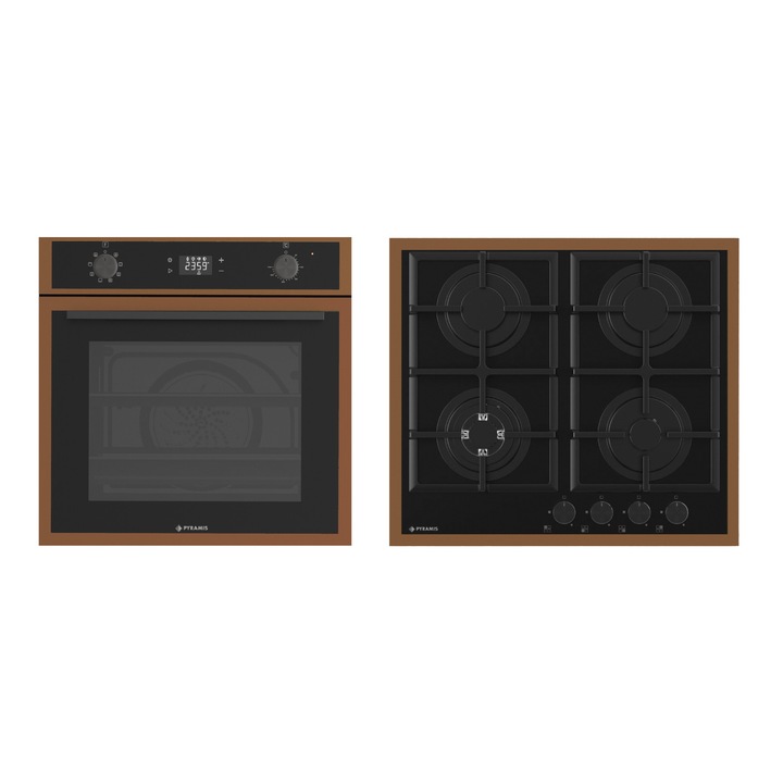 Pachet Pyramis 31BI 8080 PVD COOPER, cuptor electric 8 functii, clasa A, volum 64 litri, AirFry, Rotisor, inchidere lenta, touch control si butoane retractabile, autocuratare catalitica si plita gaz, wok, finisaj sticla neagra si rama PVD cooper