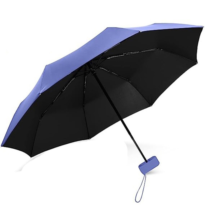 Мини туристически чадър Sigloo за жени и деца, 230 грама, сгънат размер 6X18 см, телескопичен, UV защита UPF> 50+, диаметър 95 см, 6 пръта, отвътре черен, отвън син