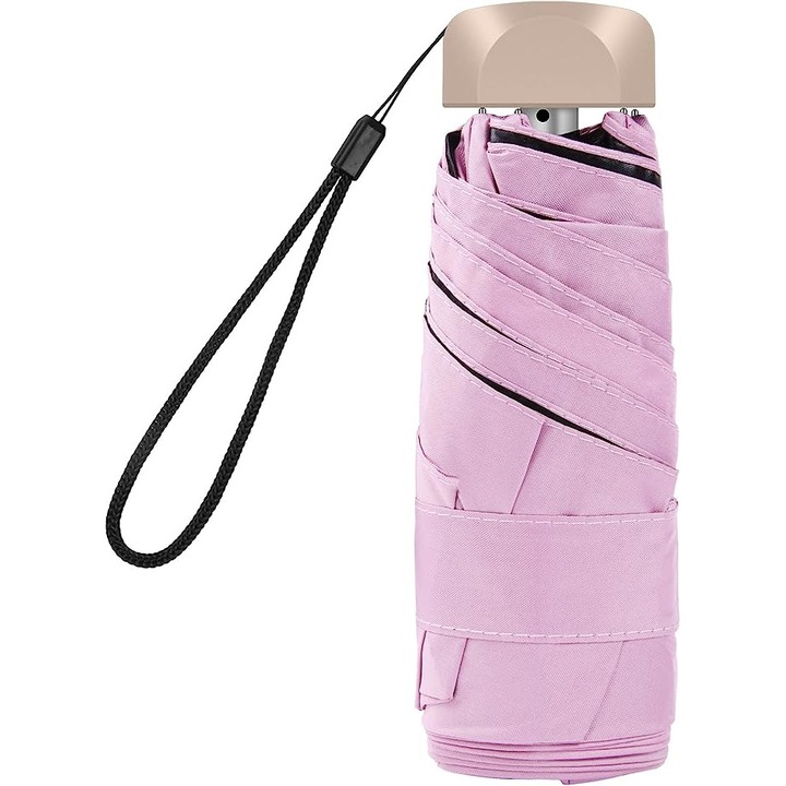 Sigloo Mini esernyő utazáshoz, nőknek és gyerekeknek, 230 gramm, összecsukott méret 6X18cm, Teleszkópos, UV védelem UPF> 50+, 95cm átmérő, 6 rúd, fekete belső, púderrózsaszín külső