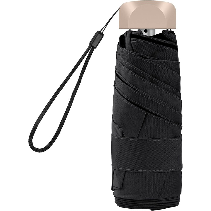 Мини туристически чадър Sigloo за жени и деца, 230 грама, сгънат размер 6х18 см, телескопичен, UV защита UPF> 50+, диаметър 95 см, 6 пръта, Черен