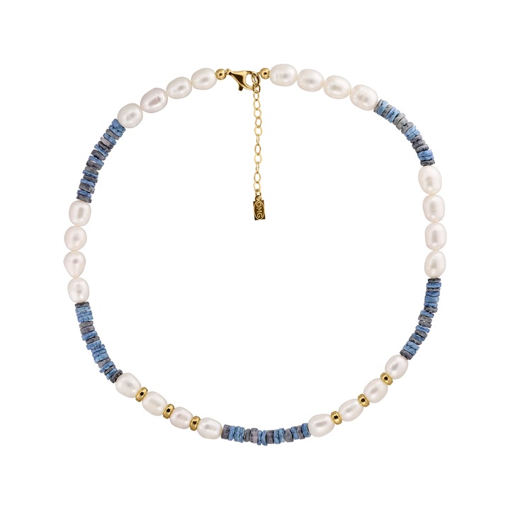 Colier cu accesorii din argint placat cu aur 14k si perle de cultura de 8 mm si pietre semipretioase albastre, Sitonia Blue Necklace