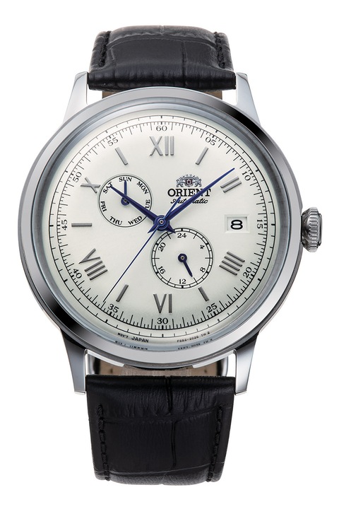 ORIENT, Мултифункционален автоматичен часовник с кожена каишка, Сребрист, Черен