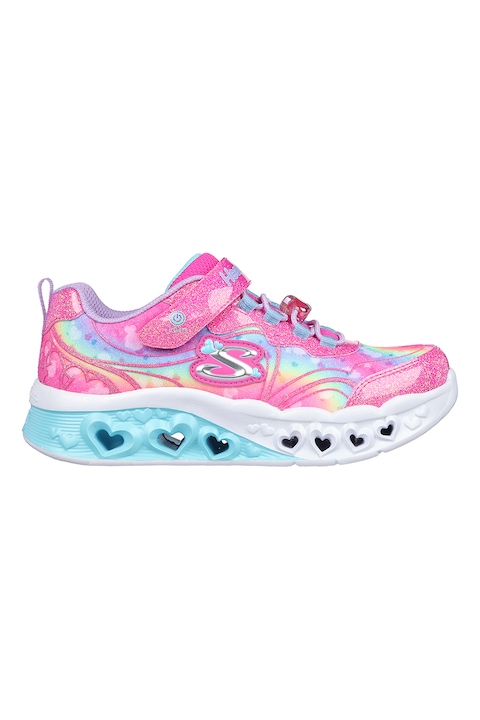 Skechers, Pantofi sport cu inchidere velcro si lumini LED Flutter Heart Lights, Albastru lavanda/Roz aprins