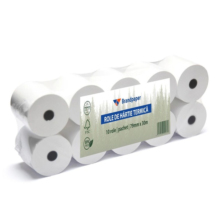 Set 10 Role Termice BrandPaper, 79mm x 30m, Hartie 48 g/m² fara Bisfenol A BPA, Tub 12 mm