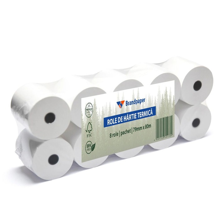 Set 8 Role Termice BrandPaper, 79mm x 80m, Hartie 48 g/m² fara Bisfenol A BPA, Tub 12 mm
