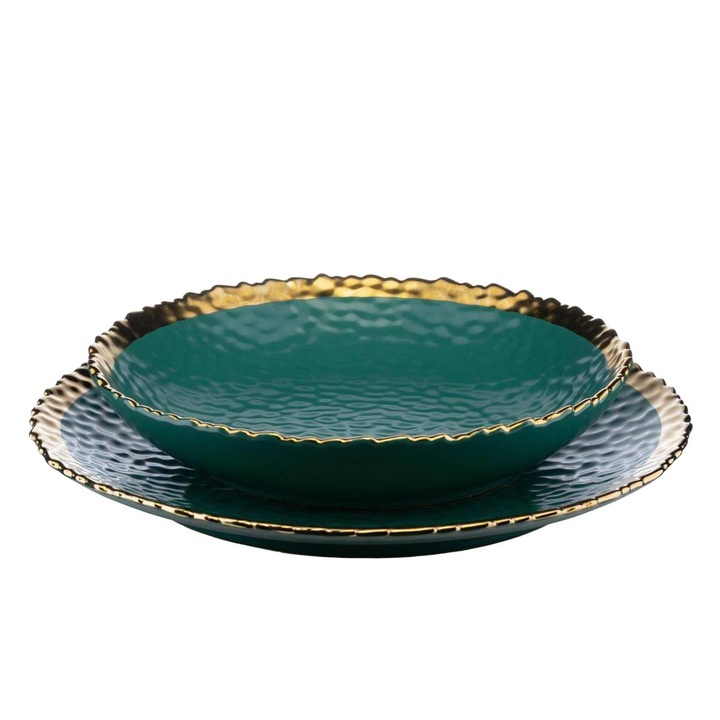 8 db-os tányérkészlet, HowHomely, Kerámia, 22 x 5 x 22 cm, Zöld/Arany