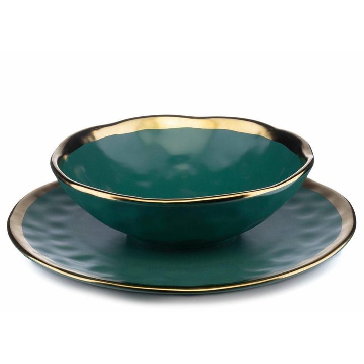 2 tányér készlet, HowHomely, Kerámia, 27/20 cm, Zöld / Arany