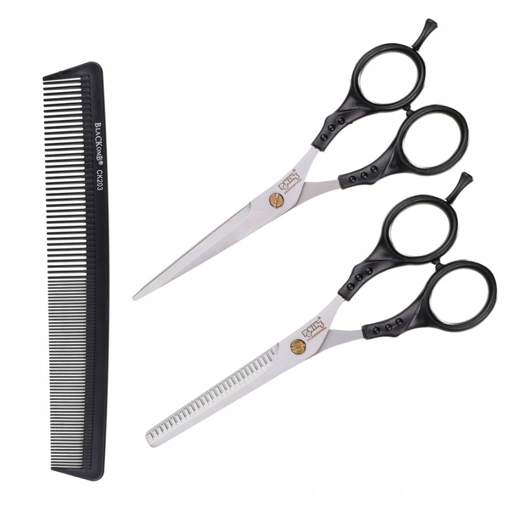 Set 2 foarfece/pieptene, Ponik's, Inox/Carbon, Negru/Argintiu