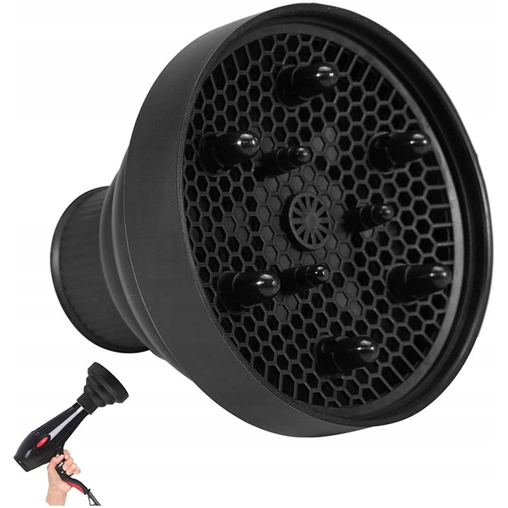 Difuzor universal pentru uscator par, Ponik's, Silicon, 14 x 14 x 6 cm, Negru