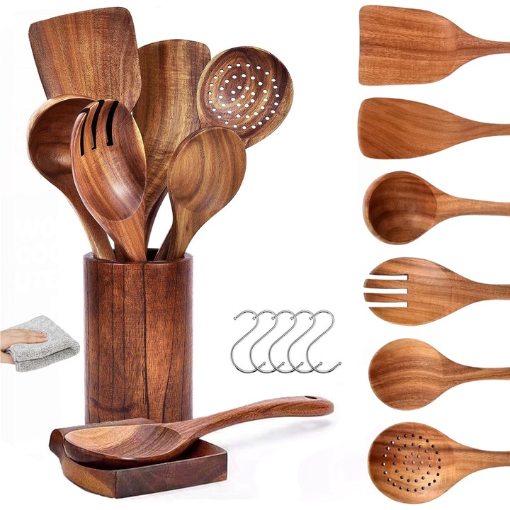 Комплект кухненски прибори BYONDSELF, От тиково дърво, Незалепващо покритие, 8бр