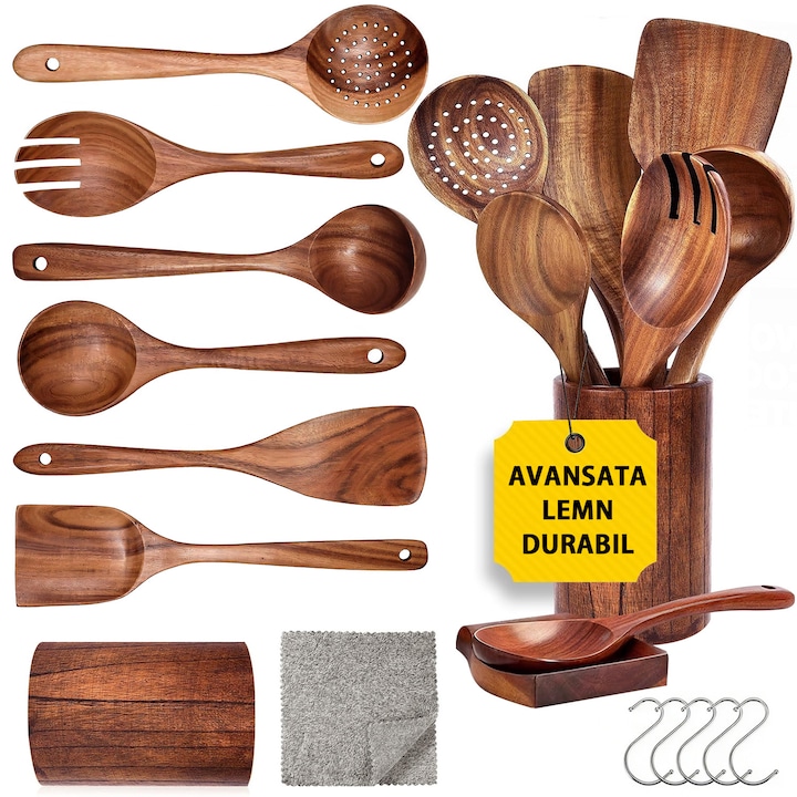 Set Ustensile Bucatarie, BYONDSELF®, Pachet 8, cu 1 laveta inclusa, Teak, Antiaderent, Durabil