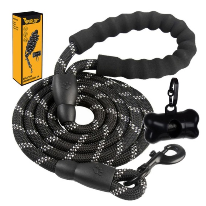 Lesa reflectorizanta pentru caini cu maner din spuma si suport pentru saculeti, neagra, lungime 5m, Purlov