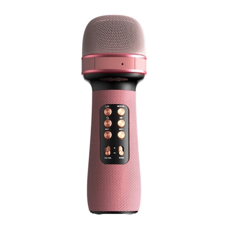 Microfon Wireless Karaoke Dalys® fara fir, 4 efecte voce, cu acumulator, boxa inclusa, Radio FM, TF card, USB, inregistrare muzica, Roz