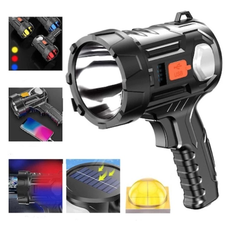 Lanterna LED cu panou solar si USB QBT78 USB cu 3 lentile colorate interschimbabile si functie de power bank