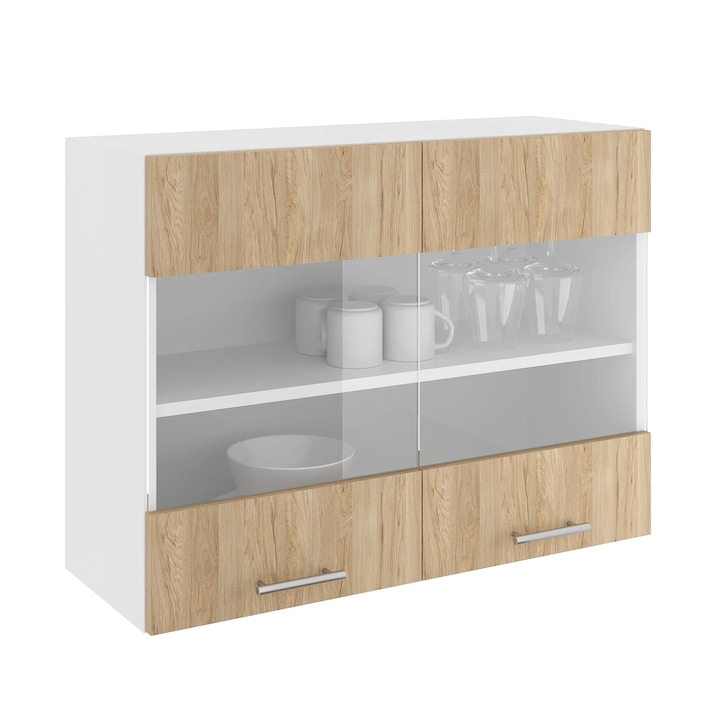 Corp Superior haaus Karo, 2 Usi, cu sticla, Lemn Natural/Alb, 80 x 30 x 60 cm