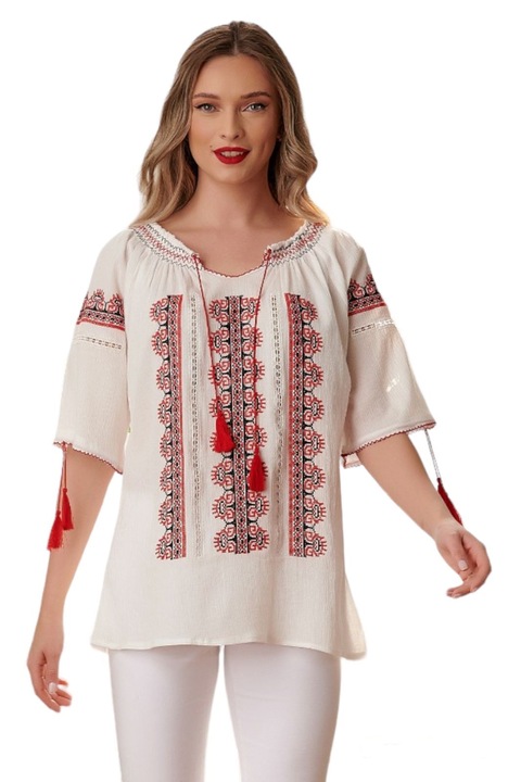 Ie traditionala romaneasca, panza topita, broderie rosu/alb/negru, simbol brodat creasta, marime universala, maneca scurta