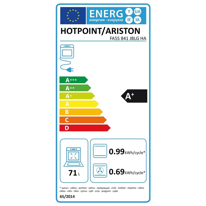 Cuptor Incorporabil electric Hotpoint Ariston FA5S 841 JBLG HA, 71 l, Clasa A+, Negru, Autocuratare pirolitica