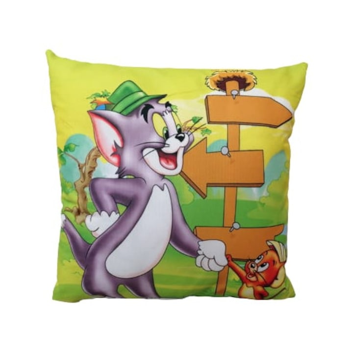 Perna personalizata pentru copii, tip Tom si Jerry, verde, 45 cm x 45 cm