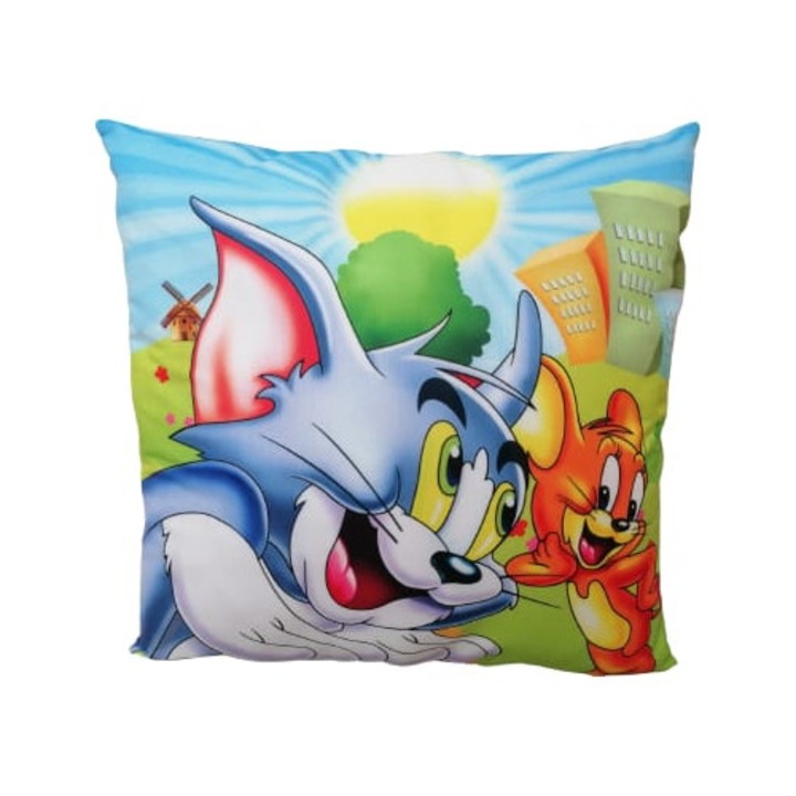 Perna personalizata pentru copii, tip Tom si Jerry, albastru, 45 cm x 45 cm