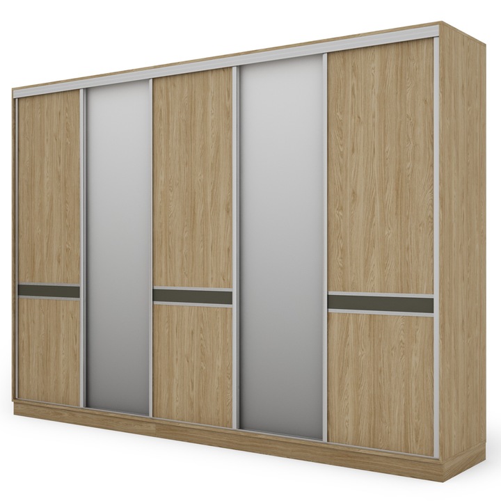 Dulap, Meblast, Premium lucrate manual, 340 cm x 244 cm, Sifonier, PAL 18 mm, HDF de 3 mm, PVC 0.8 mm, Cu oglinda - 2 buc, Stejar uleios