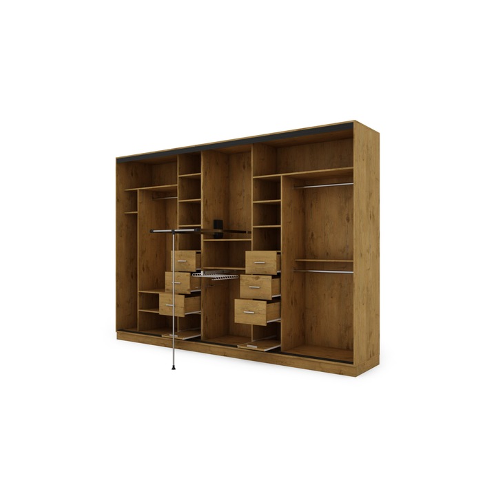 Dulap, Meblast, Premium lucrate manual, 340 cm x 244 cm, Sifonier, PAL 18 mm, HDF de 3 mm, PVC 0.8 mm, Cu oglinda - 2 buc, Stejar Lancelot